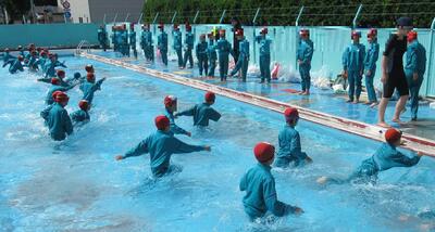 服を着て水に入ると感覚が全然違うことを学ぶ３年生