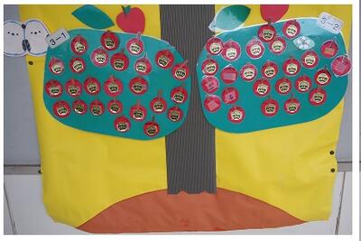 すっかり赤い実だらけになった３年生の読書の木