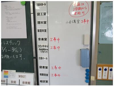 各教室の使用黒板には赤で「工事中」