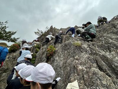 岩にへばりついて登ります